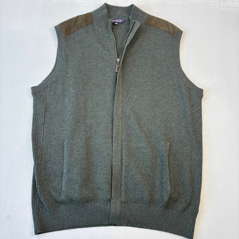 Roundtree & Yorke Sweater Vest Mens 2XT Gray Full Zip Suede Trim Cotton‎ Knit
